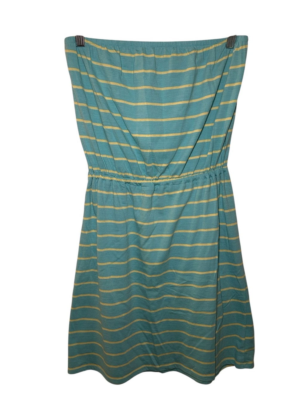 Old Navy Striped Teal Yellow Strapless Dress Bright Stretch Comfort Neon Girly